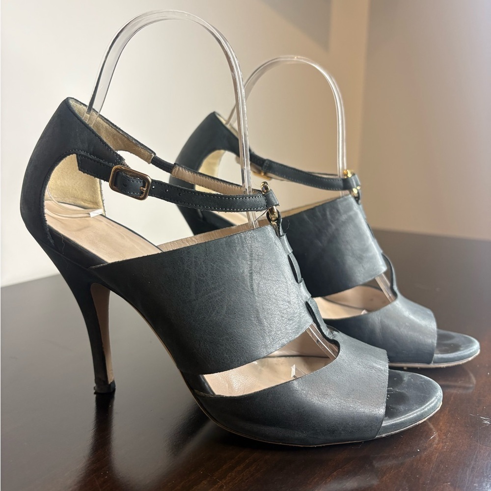 Salvatore Ferragamo Black Buttery Leather Cage T-Strap Sandals 7.5B